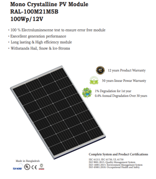 Mono Crystalline PV Module RAL-100M21M5B 100Wp/12V