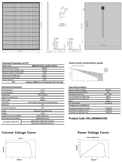 OS PERC 25 Mono Crystalline PV Module 280Wp/24V